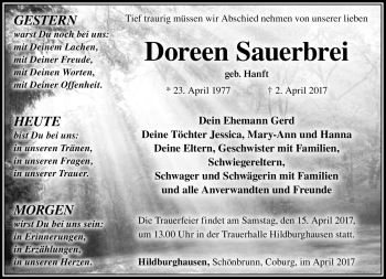 Traueranzeige von Doreen Sauerbrei von Südthüringer Presse