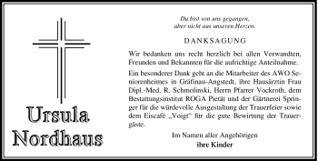 Traueranzeige von Ursula Nordhaus von Südthüringer Presse