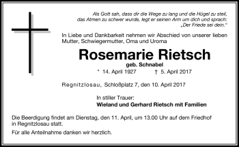 Traueranzeige von Rosemarie Rietsch von Frankenpost