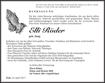 Traueranzeige von Elli Röder von Südthüringer Presse