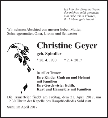 Traueranzeige von Christine Geyer von Südthüringer Presse