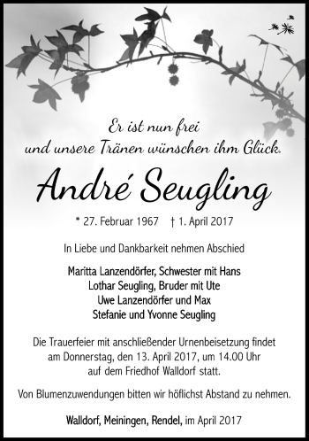 Traueranzeige von André Seugling von Südthüringer Presse