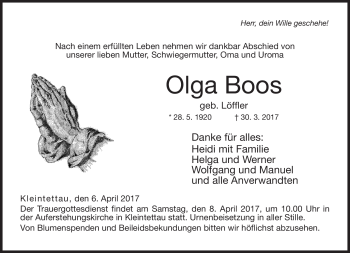 Traueranzeige von Olga Boos von Neue Presse Coburg