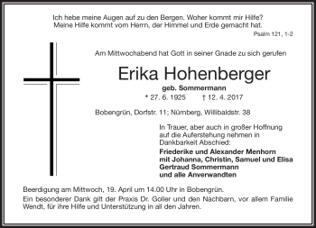 Traueranzeige von Erika Hohenberger von Frankenpost