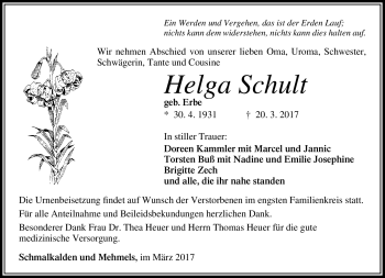 Traueranzeige von Helga Schult von Südthüringer Presse