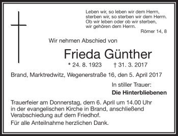 Traueranzeige von Frieda Günther von Frankenpost