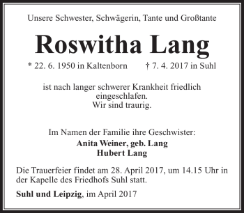 Traueranzeige von Roswitha Lang von Südthüringer Presse