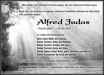 Traueranzeige von Alfred Judas von Südthüringer Presse