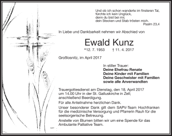 Traueranzeige von Ewald Kunz von Frankenpost