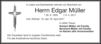 Traueranzeige von Edgar Müller von Frankenpost
