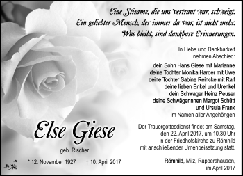 Traueranzeige von Else Giese von Südthüringer Presse