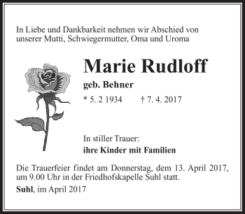 Traueranzeige von Marie Rudloff von Südthüringer Presse