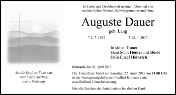 Traueranzeige von Auguste Dauer von Neue Presse Coburg