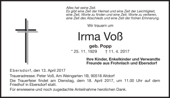Traueranzeige von Irma Voß von Neue Presse Coburg