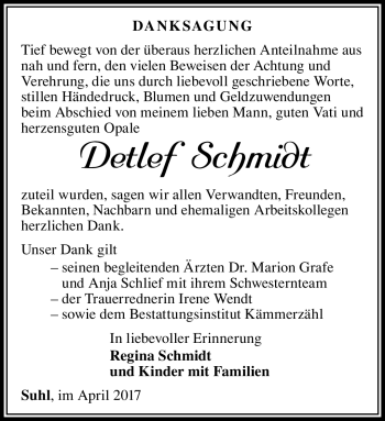 Traueranzeige von Detlef Schmidt von Südthüringer Presse