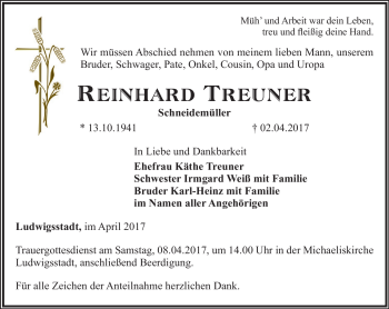 Traueranzeige von Reinhard Treuner von Neue Presse Coburg