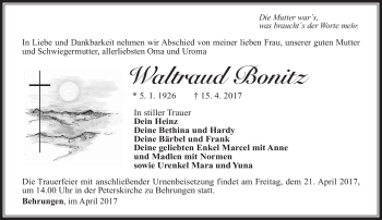 Traueranzeige von Waltraud Bonitz von Südthüringer Presse