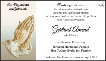 Traueranzeige von Gertrud Amend von Südthüringer Presse