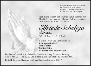 Traueranzeige von Elfriede Scheliga von Südthüringer Presse