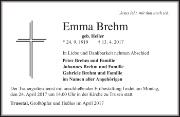 Traueranzeige von Emma Brehm von Südthüringer Presse