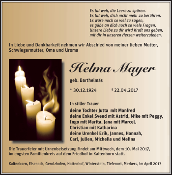 Traueranzeige von Helma Mayer von Südthüringer Presse