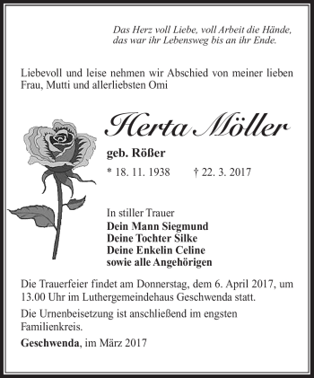 Traueranzeige von Herta Möller von Südthüringer Presse