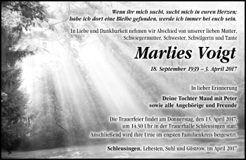 Traueranzeige von Marlies Voigt von Südthüringer Presse