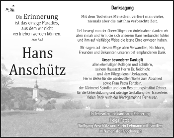 Traueranzeige von Hans Anschütz von Südthüringer Presse