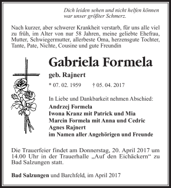 Traueranzeige von Gabriela Formela von Südthüringer Presse