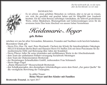 Traueranzeige von Heidemarie Mey von Südthüringer Presse