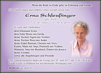 Traueranzeige von Erna Schleußinger von Südthüringer Presse