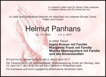 Traueranzeige von Helmut Panhans von Neue Presse Coburg