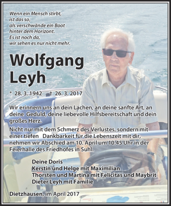 Traueranzeige von Wolfgang Leyh von Südthüringer Presse