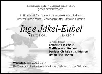 Traueranzeige von Inge Jäkel-Eubel von Neue Presse Coburg