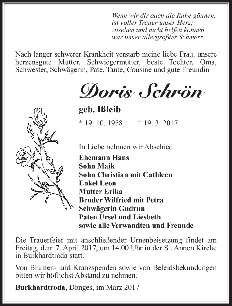  Traueranzeige für Doris Schrön vom 04.04.2017 aus Südthüringer Presse