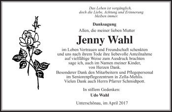 Traueranzeige von Jenny Wahl von Südthüringer Presse