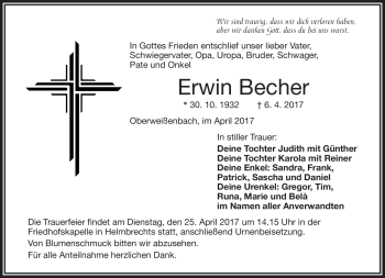 Traueranzeige von Erwin Becher von Frankenpost