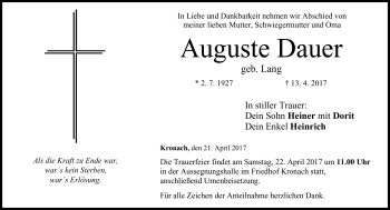 Traueranzeige von Auguste Dauer von Neue Presse Coburg