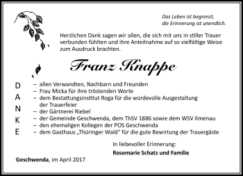 Traueranzeige von Franz Knappe von Südthüringer Presse