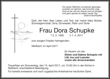 Traueranzeige von Dora Schupke von Frankenpost