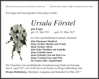 Traueranzeige von Ursula Förstel von Südthüringer Presse