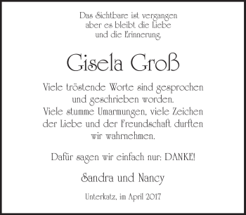 Traueranzeige von Gisela Groß von Südthüringer Presse