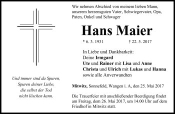 Traueranzeige von Hans Maier von Neue Presse Coburg