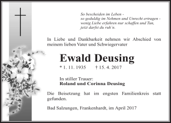 Traueranzeige von Ewald Deusing von Südthüringer Presse