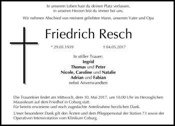 Traueranzeige von Friedrich Resch von Neue Presse Coburg