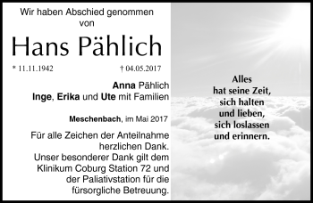 Traueranzeige von Hans Pählich von Neue Presse Coburg