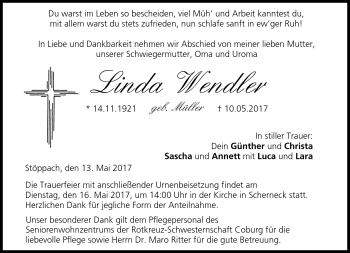 Traueranzeige von Linda Wendler von Neue Presse Coburg