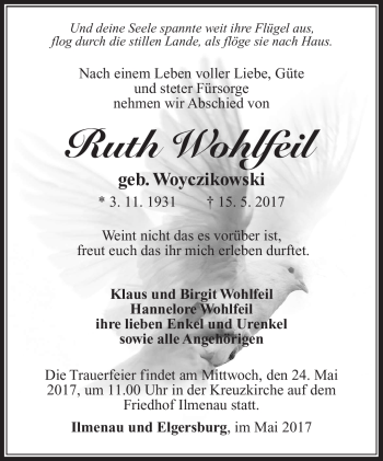 Traueranzeige von Ruth Wohlfeil von Südthüringer Presse