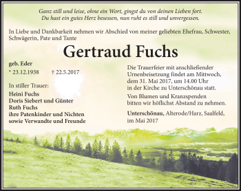 Traueranzeige von Gertraud Fuchs von Südthüringer Presse