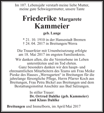 Traueranzeige von Friederike Margarete Kammeier von Südthüringer Presse